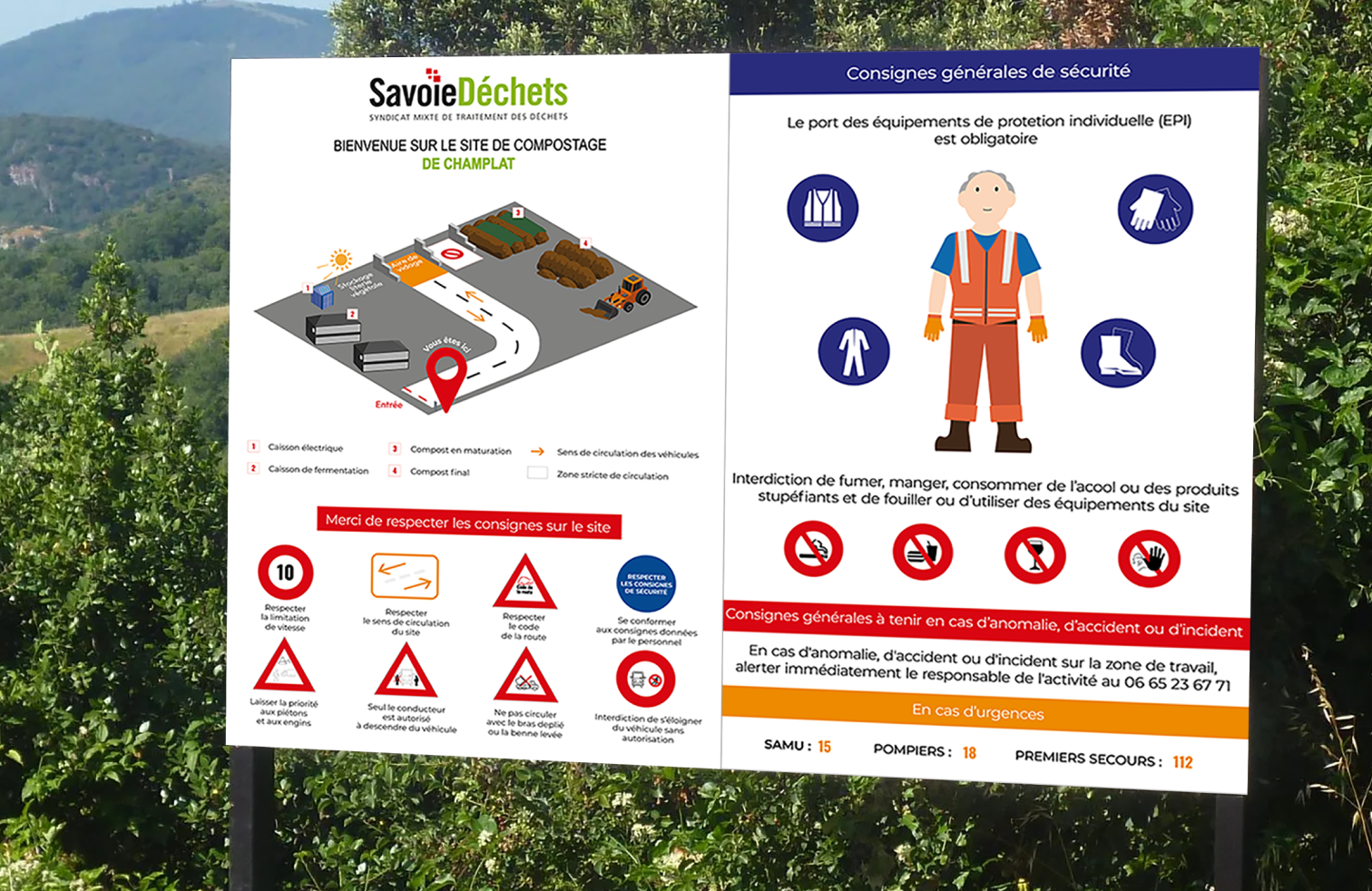 Panneau d'entrée avec plan du site et consignes de sécurité pour les visiteurs du site de compostage des biodéchets.