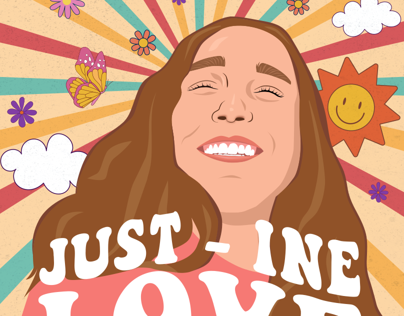 Illustration digitale "Just'ine Love", une ambiance hippie et message inspirant.